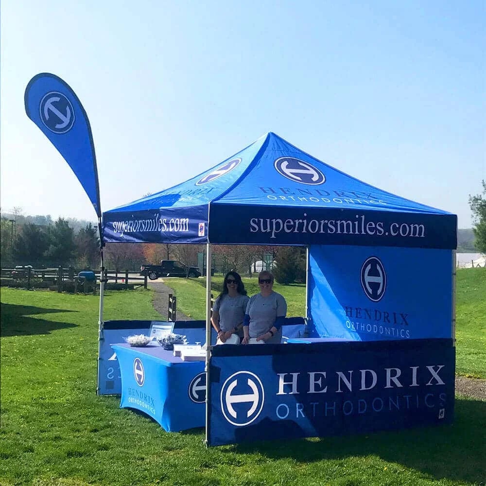 Custom Canopy Tent With Back & Half Sided Walls & Table Cover & Flags - Fastcustomtents