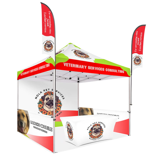 Custom Canopy Tent With Back & Half Sided Walls & Table Cover & Flags - Fastcustomtents